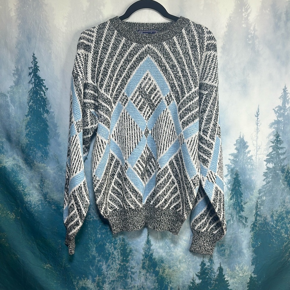 Vintage Barnaby Sweater Argyle Leather Diamond Geometric Knit Pullover L